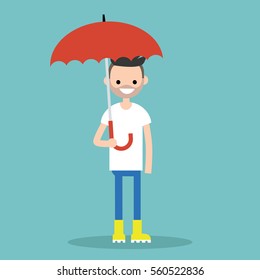 Young smiling character with umbrella wearing yellow rubber boots / flat editable vector illustration, clip art