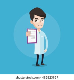 Young smiling cheerful male doctor showing clipboard with prescription. Doctor in medical gown holding clipboard. Vector flat design illustration isolated on blue background. Square layout.