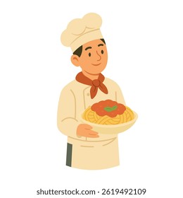 Young smiling chef holding a pasta dish with tomato sauce, isolated, flat vector cartoon style.