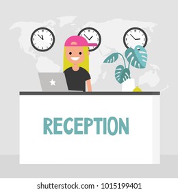 Young smiling concierge standing behind the reception desk. Hotel lobby. Tourism. Flat editable vector illustration, clip art