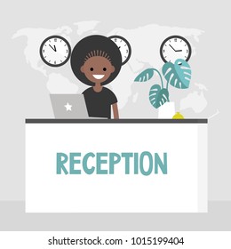 Young smiling concierge standing behind the reception desk. Hotel lobby. Tourism. Flat editable vector illustration, clip art