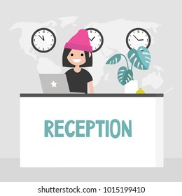 Young smiling concierge standing behind the reception desk. Hotel lobby. Tourism. Flat editable vector illustration, clip art