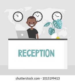 Young smiling concierge standing behind the reception desk. Hotel lobby. Tourism. Flat editable vector illustration, clip art