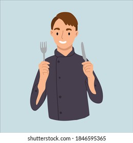 Young smiling confident Man Chef Holds a fork and knife. Vector hand drawn illustration. Cartoon style. Flat design.
