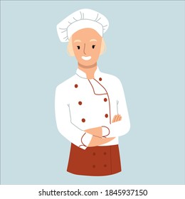 Young smiling confident Woman Chef with crossed arms. Vector hand drawn illustration. Cartoon style. Flat design.
