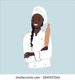 Young smiling confident Woman Chef with a rolling pin in his hand. African american ethnic character.Vector hand drawn illustration. Cartoon style. Flat design.