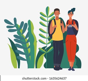 Young, smiling couple with backpacks. Travel, vacation, holidays and adventure vector concept illustration. Summer landscape background. Poster design style