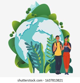Young, smiling couple with backpacks. Travel, vacation, holidays and adventure vector concept illustration. Summer landscape background. Poster design style