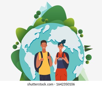 Young, smiling couple with backpacks. Travel, vacation, holidays and adventure vector concept illustration. Summer landscape background. Poster design style