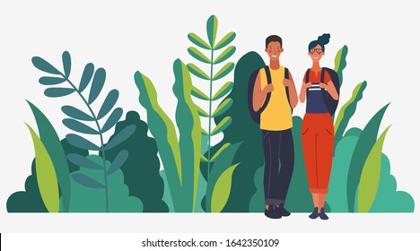 Young, smiling couple with backpacks. Travel, vacation, holidays and adventure vector concept illustration. Summer landscape background. Poster design style