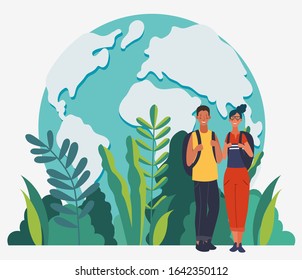 Young, smiling couple with backpacks. Travel, vacation, holidays and adventure vector concept illustration. Summer landscape background. Poster design style