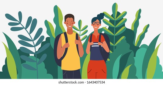 Young, smiling couple with backpacks. Travel, vacation, holidays and adventure vector concept illustration. Summer landscape background. Poster design style