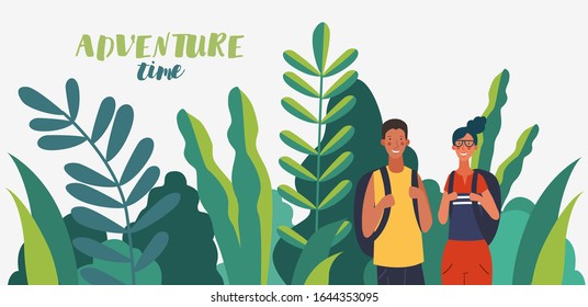 Young, Smiling Couple With Backpacks. Travel, Vacation, Holidays And Adventure Vector Concept Illustration. World Map Background. Eco Friendly Ecology Concept. Nature Conservation Vector Poster