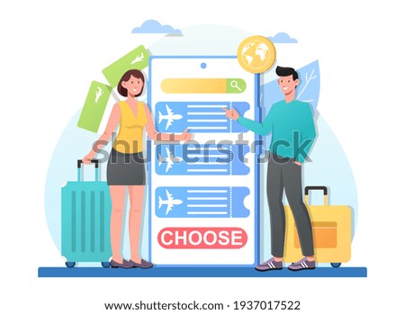 Young smiling couple choosing tour for their trip together. Male and female characters standing next to smartphone with tour application and choosing the direction. Flat cartoon vector illustration
