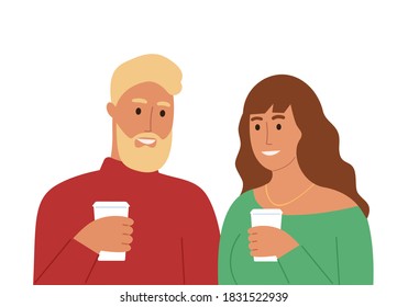 Young smiling couple drinking coffee and talking. Man and woman holding coffee cups. Cute cartoon flat character style, vector illustration