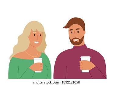 Young smiling couple drinking coffee and talking. Man and woman holding coffee cups. Cute cartoon flat character style, vector illustration