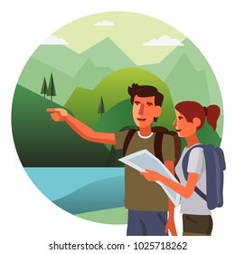 Young, smiling couple planning the route and looking at the map. Travel, vacation, holidays and adventure vector concept illustration. Mountain landscape background