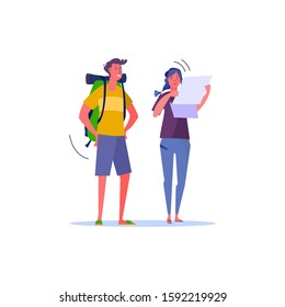 Young smiling couple planning route and looking at map. Travelers with backpack and map flat vector illustration. Travel, holidays and adventure concept for banner, website design or landing web page