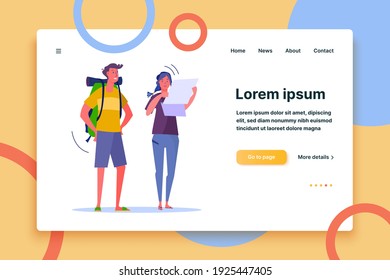Young smiling couple planning route and looking at map. Travelers with backpack and map flat vector illustration. Travel, holidays and adventure concept for banner, website design or landing web page