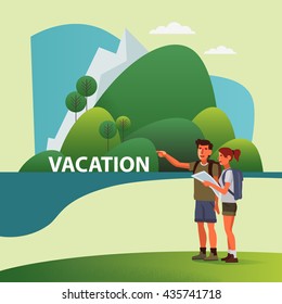 Young, smiling couple planning the route and looking at the map. Travel, vacation, holidays and adventure vector concept illustration. Mountain landscape background. Poster design style