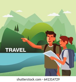 Young, smiling couple planning the route and looking at the map. Travel, vacation, holidays and adventure vector concept illustration. Mountain landscape background. Poster design style