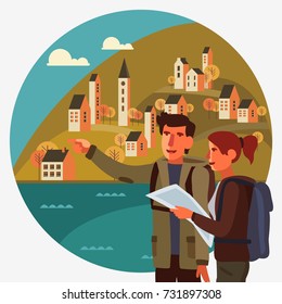 Young, smiling couple planning the route and looking at the map. Travel, vacation, holidays and adventure vector concept illustration. Landscape with town and hills