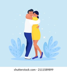 Young smiling couple standing and hugging. Happy woman and man embracing each other feeling in love. Romantic relationship, date. Vector illustration