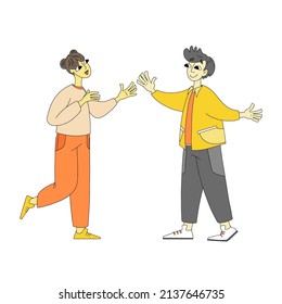 Young smiling couple woman and man cartoon characters . Positive emotions and good vibes concept. People hugging. Vector illustration, isolated on a white background