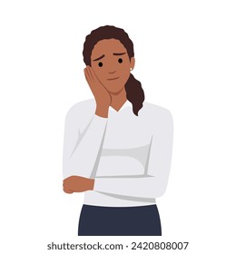 Young smiling curious person peeking from behind wall and looking outside. Hand on cheek bored. Flat vector illustration isolated on white background