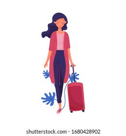 Illustration der jungen, lächelnden, dunkelhaarigen Girl Pulling Travel Trunk Vektorillustration