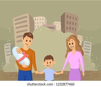 Young smiling family with children on dusty city background. Social problems and ecological, war, immigration. Flat vector illustration.