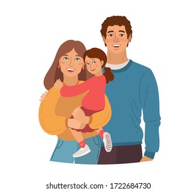 Young smiling family portrait. Mother, father and little daughter. Vector illustration simple shapes.