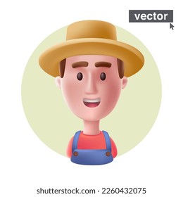 Young smiling farmer or agricultural worker's avatar. Realistic 3D style vector character illustration in cartoon style. Stunning icon for user person profile, happy ID card, joyful social media.