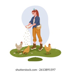 Young smiling farmer girl feeding chickens with grain on green grass. Cartoon flat vector female character carries a wicker basket and wears casual farm clothes, representing daily rural poultry care