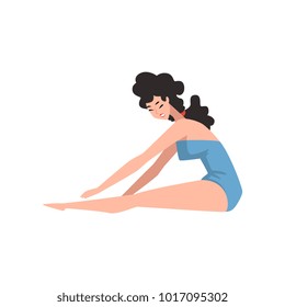 Young smiling fashion model posing in sitting position. Cartoon sensual girl dressed in blue vintage swimwear. Pin-up woman with black curly hair. Flat vector design
