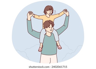 Young smiling father with excited child on back walking together outdoors. Happy loving dad playing with little kid enjoy time together. Vector illustration.