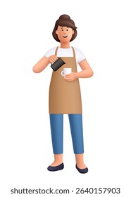Young smiling female barista Jane pouring a drink into a coffee cup. Coffee shop, coffee time concept. 3d vector people character. Cartoon minimal style.