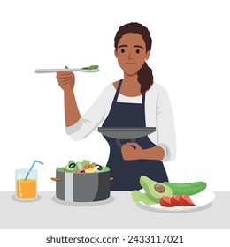 Young smiling female character in apron standing in kitchen and cutting vegetable. Flat vector illustration isolated on white background