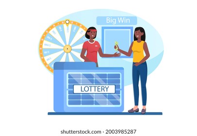 Young Smiling Female Character Is Buying Tickets In Lottery Kiosk. Store Customer And Smiling Saleswoman Cartoon Character. Concept Of Gambling Game, Money Prize. Flat Cartoon Vector Illustration