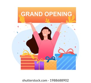 Young smiling female character is holding sign with grand opening lettering. Concept of event grand openings. Woman is standing next to colorful wrapped presents. Flat cartoon vector illustration