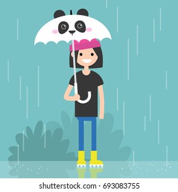 Young smiling female character holding an umbrella with panda muzzle / flat editable vector illustration, clip art