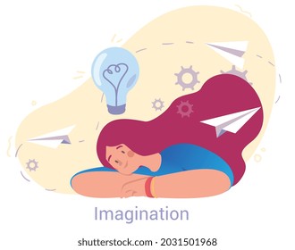 Young smiling female character is laying on desk and using her imagination on white background. Young people are trying to solve problems, brainstorming. Flat cartoon vector illustration