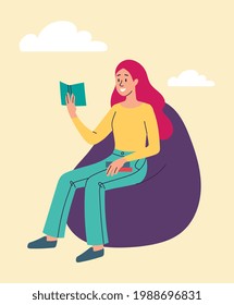 Young smiling female character is reading on bean bag chair. Woman is holding book in her hand. Female character in casual clothes is enjoing a good read. Flat cartoon vector illustration