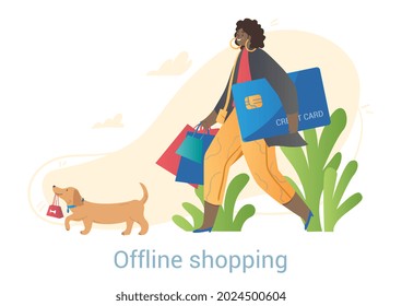 Young smiling female character is shopping with big creadit card and her dog on white background. Concept of people enjoy shopping in stores offline with big bags. Flat cartoon vector illustration