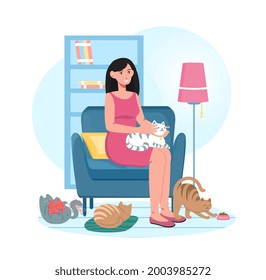 Young smiling female character is sitting on armchair surrounded by cats. Cheerful female cat lover is enjoing time spent at home with colorful cats. Flat cartoon vector illustration