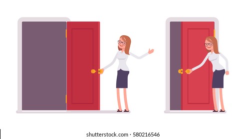 Young smiling female clerk in formal wear opening red door, welcoming new clients, showing opportunity, inviting to enter the office, and join the company, full length, isolated, white background