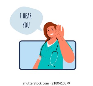 Young Smiling Female Doctor With Stethoscope Listens Intently To Patient On Mobile Device And Say I Hear You.Phone Call With Medic.Virtual,online Video Consulting.Vector Flat Illustration 