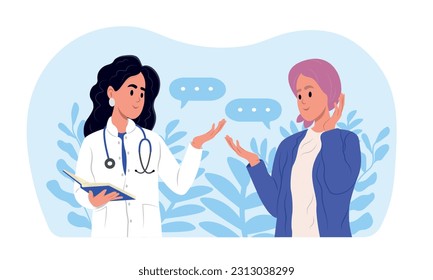 A young smiling female doctor is talking to a woman with cancer in a scarf. International Cancer Survivors Day. The woman is recovering from chemotherapy, a survivor.