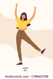 Young smiling female standing and raising her both hand in joyful action. Concept of happy person, joy teenage girl, happiness, happy expression, isolated background. Flat vector illustration cartoon.