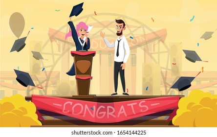 Young Smiling Female Student In Gown Giving Graduation Ceremony Speech On Stage. Mortarboard With Teacher, Rector Stand At Podium. Cartoon Hat With Tassel Flying. Vector Congratulation Illustration